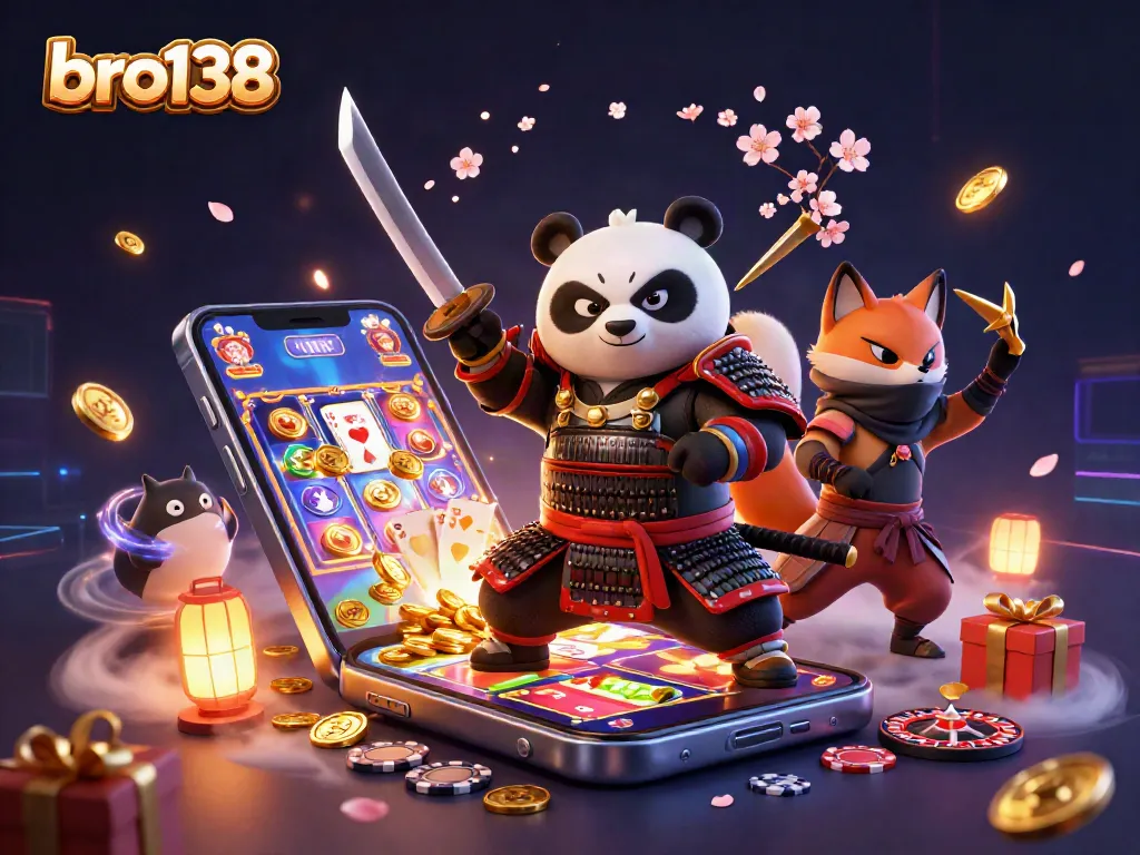Spin and win with bro138: Engaging 3D casino illustration of samurai panda, ninja fox, and magical tanuki.