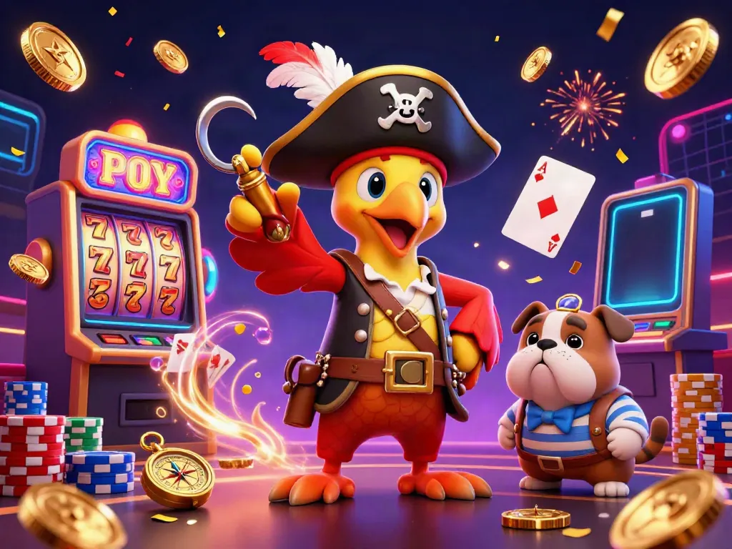 Experience the thrill of slot gacor with whimsical casino characters amidst falling coins and jackpot reels.