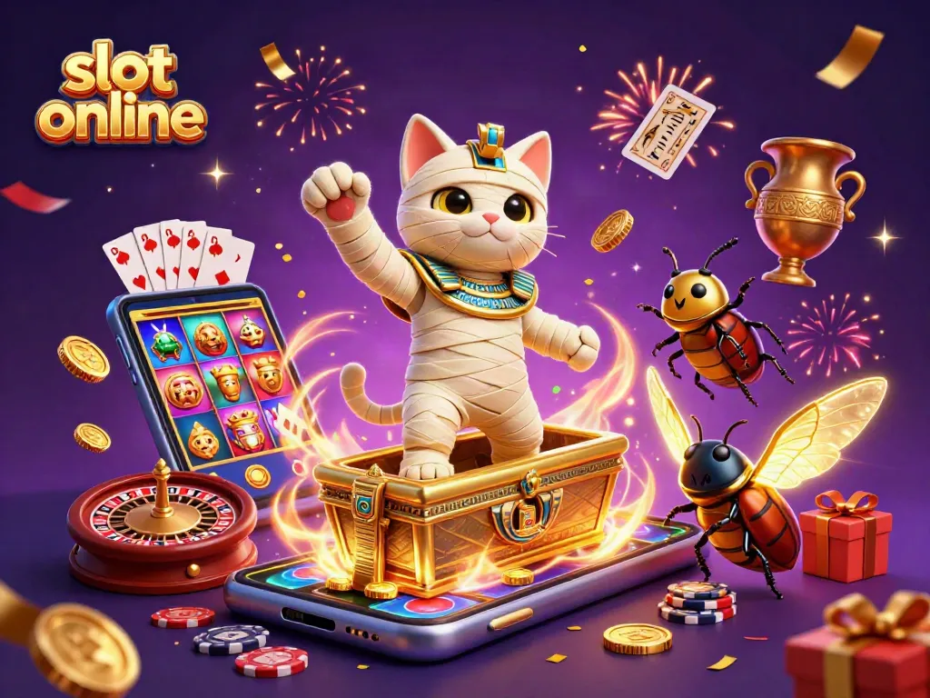 Experience the excitement of slot online gameplay with dynamic 3D illustrations and vibrant casino elements.