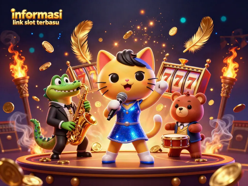 Permainan slot gacor terbaru diwakili oleh kucing penyanyi jazz dan teman-temannya dalam suasana kasino yang megah.