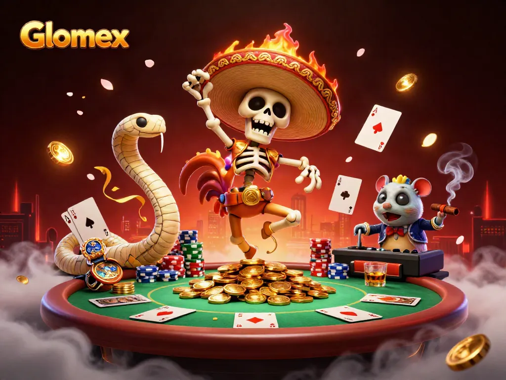 Glomex brings excitement as a skeleton mariachi dances atop coins in a lively casino illustration.