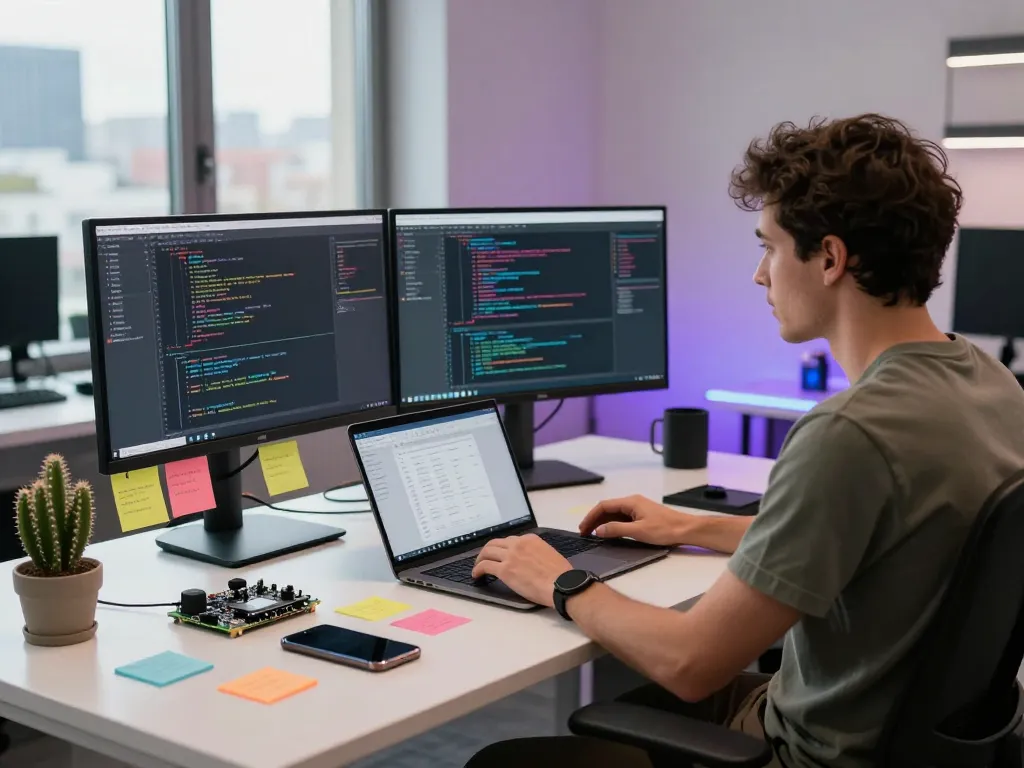 Dynamic tech workspace utilizing openclaw for software development with dual monitors, gadgets, and city views.