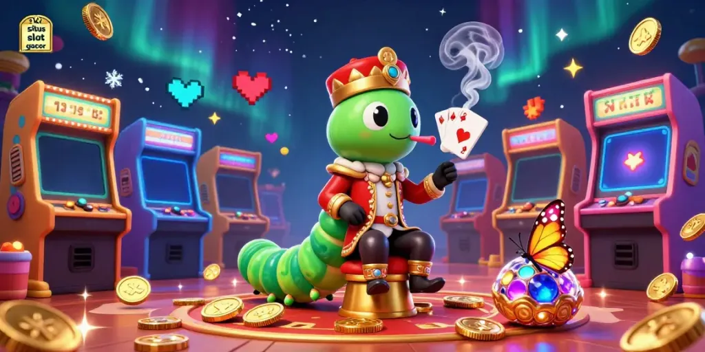 Menggali dunia permainan di situs slot gacor dengan ilustrasi kartun kasino 3D yang penuh warna.