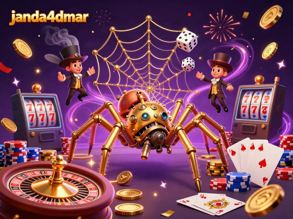 Permainan menarik di janda4dmar dengan laba-laba steampunk dalam web emas dan dadu terjebak.