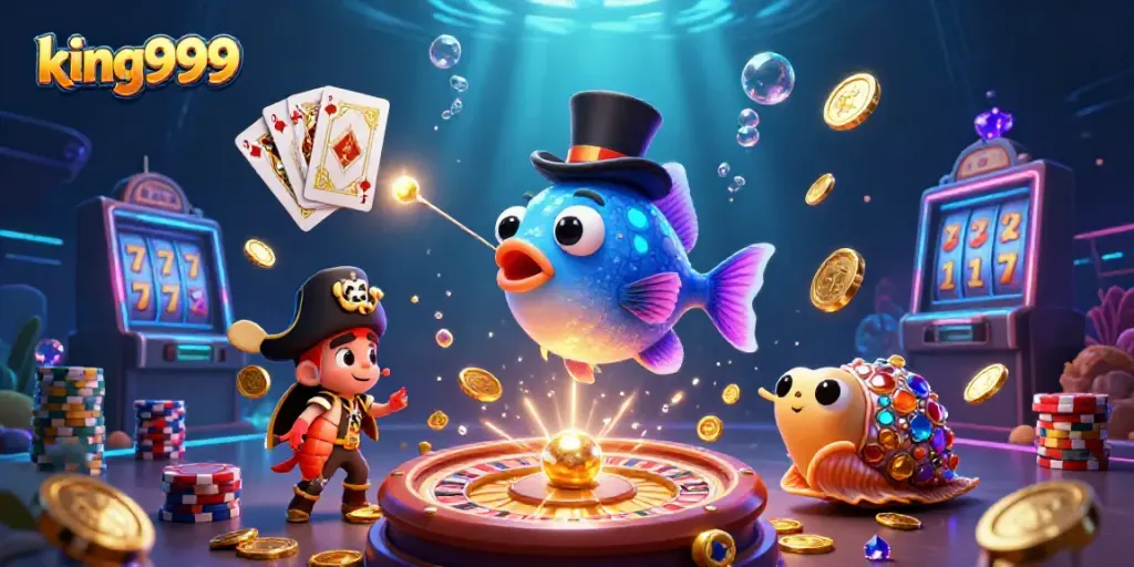 Menangkan koin emas di dunia king999 dengan ikan pemancing dalam topi dan karakter unik lainnya.