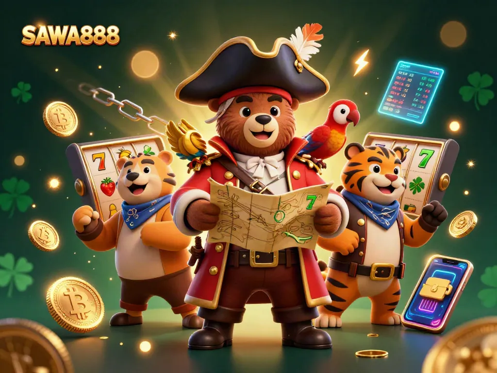 SAWA888 engages gamblers with vibrant slot reels and crypto elements in a dynamic scene