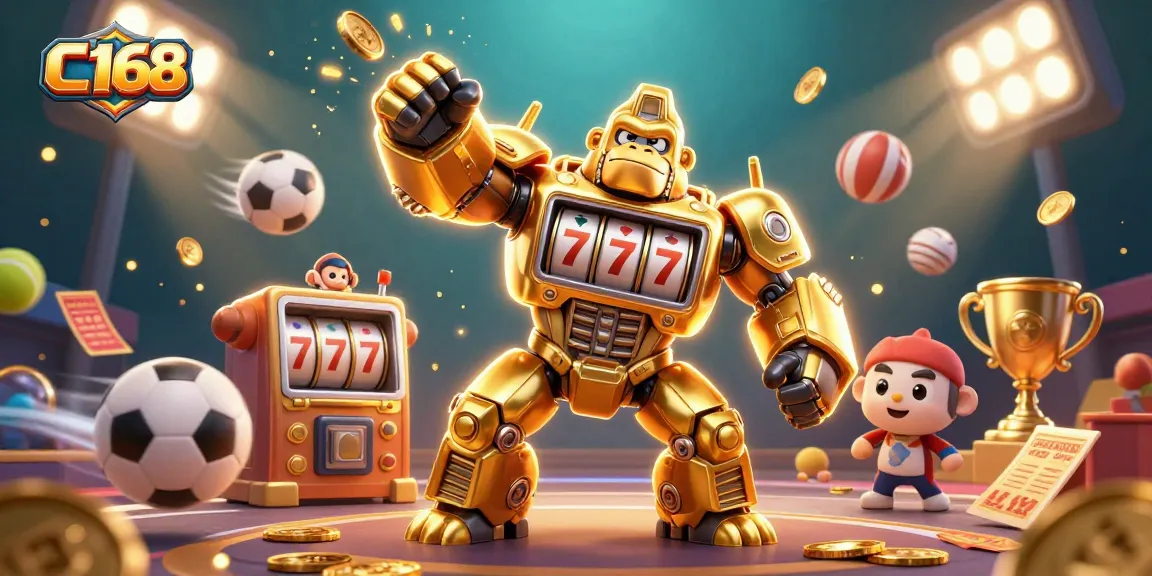 C168 elevates gameplay with a dynamic 3D scene featuring a golden gorilla mech and explosive coins.
