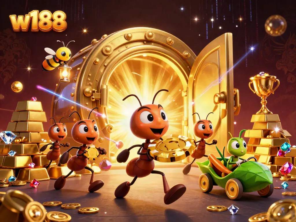 Join the heist with w188's giant poker chip as cartoon ants evade guards in a vibrant casino