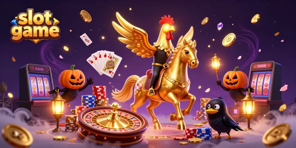 Experience the thrill of a slot game featuring a golden rooster and mystical companions in a vibrant 3D casino.