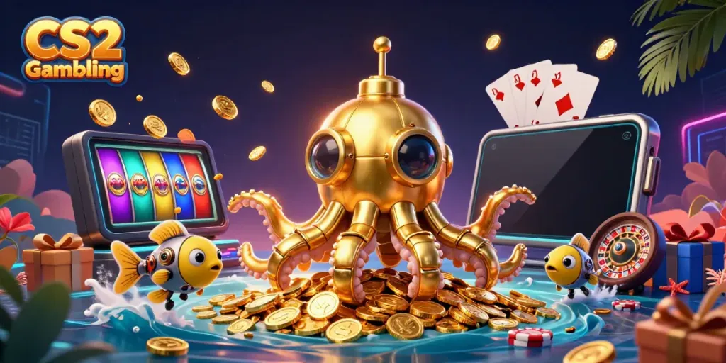 Experience CS2 Gambling with this dynamic underwater scene featuring a golden kraken and vibrant gaming elements.