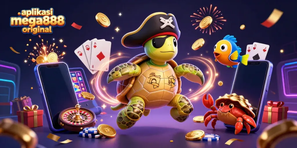 A stunning illustration showcasing aplikasi mega888 original with a pirate turtle, crab, and parrotfish above casino treasures.