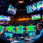 Engaging professionals reviewing Sports Betting live odds with screens and athletes in action.