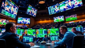 Engaging professionals reviewing Sports Betting live odds with screens and athletes in action.