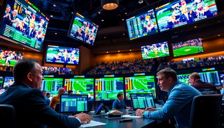Engaging professionals reviewing Sports Betting live odds with screens and athletes in action.