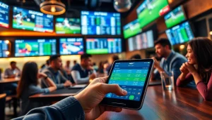 Menggunakan SBOBET di ponsel sambil menikmati suasana bar olahraga yang energik.