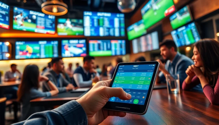 Menggunakan SBOBET di ponsel sambil menikmati suasana bar olahraga yang energik.