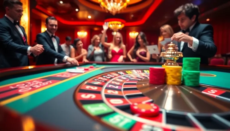 Watch players engage at a vibrant Casino roulette table filled with colorful chips.