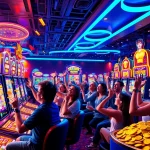Slot Game yang menarik dan menghibur dengan pemain merayakan jackpot di kasino.