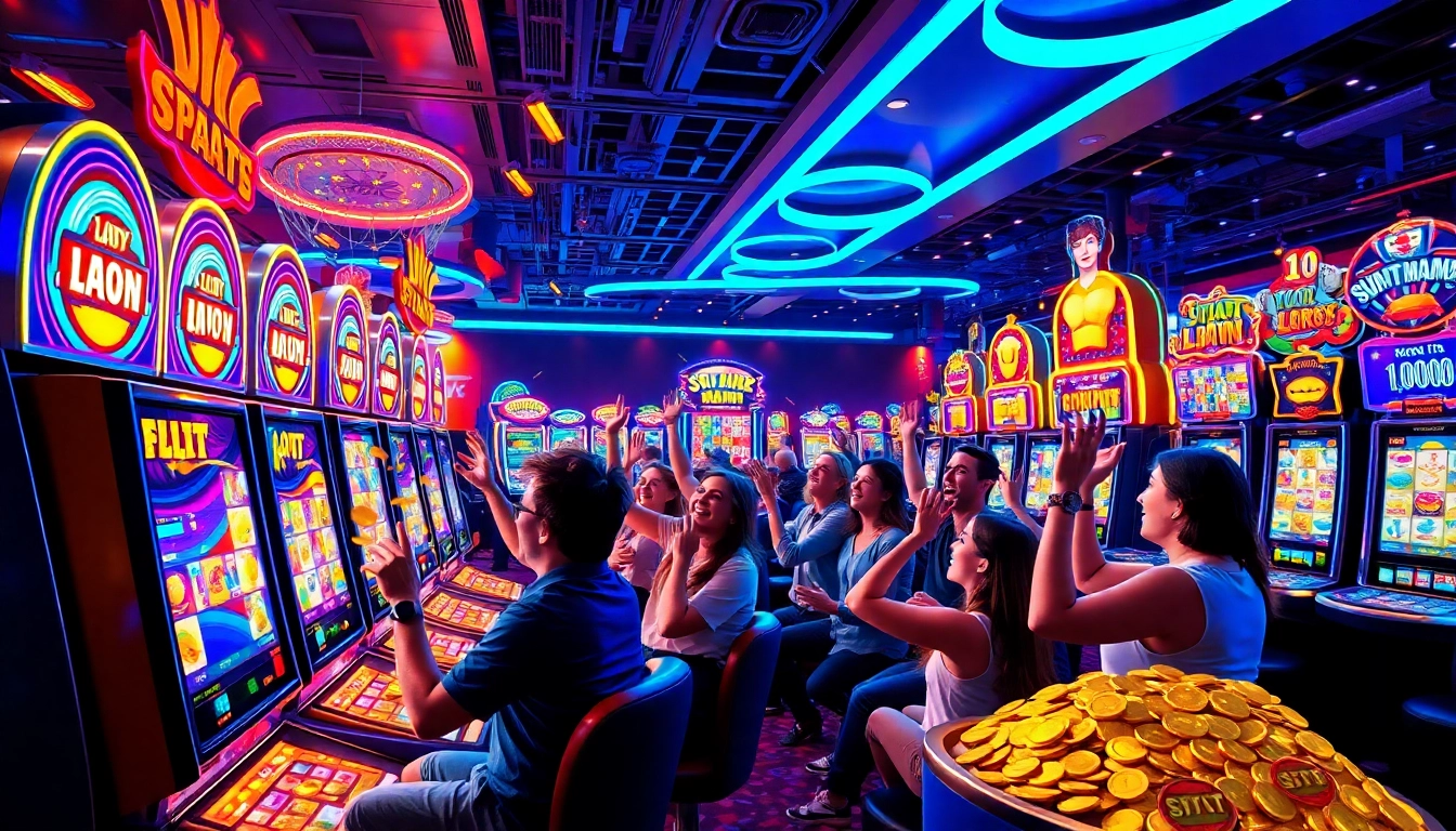 Slot Game yang menarik dan menghibur dengan pemain merayakan jackpot di kasino.