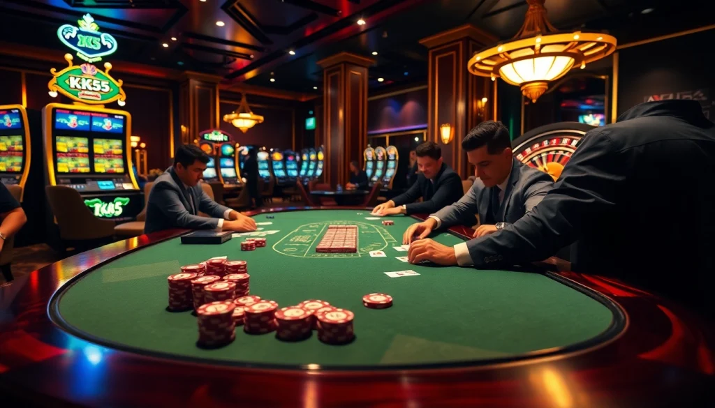 Players enjoying a thrilling poker game at a luxurious casino table with KK55 branding.
