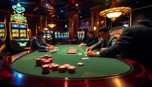 Players enjoying a thrilling poker game at a luxurious casino table with KK55 branding.