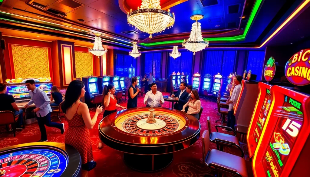 Engaging casino scene showcasing diverse gamblers at 22jl org with roulette tables and slot machines