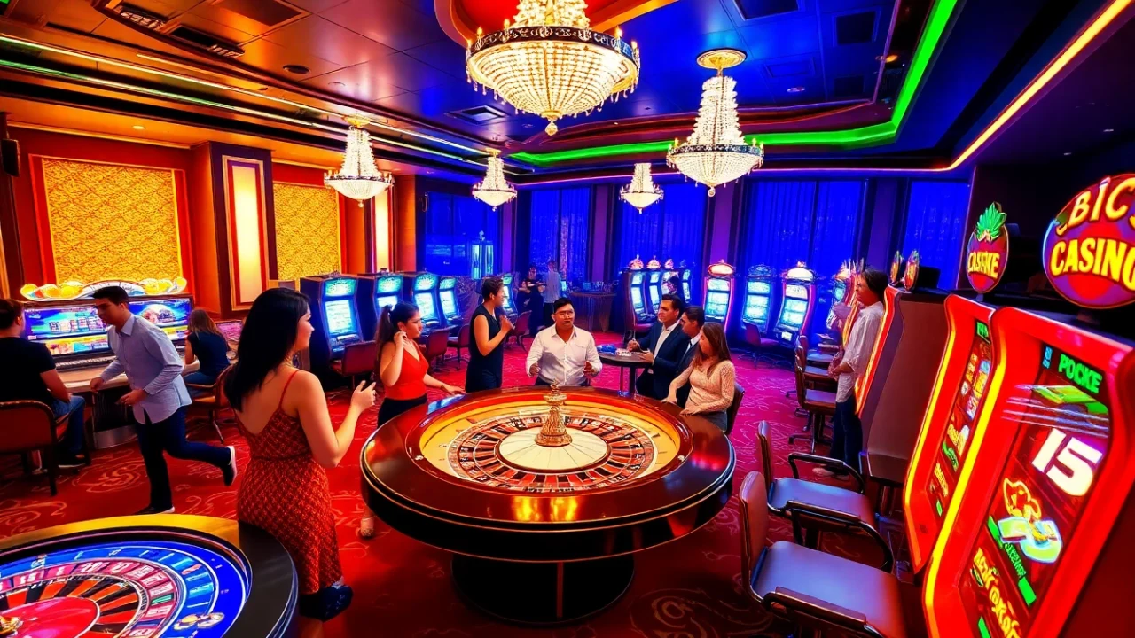 Engaging casino scene showcasing diverse gamblers at 22jl org with roulette tables and slot machines