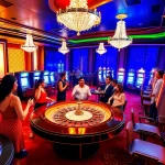 Engaging casino scene showcasing diverse gamblers at 22jl org with roulette tables and slot machines