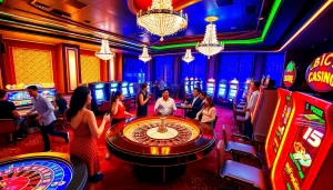 Engaging casino scene showcasing diverse gamblers at 22jl org with roulette tables and slot machines