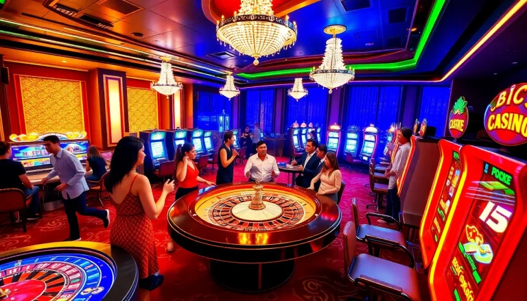 Engaging casino scene showcasing diverse gamblers at 22jl org with roulette tables and slot machines