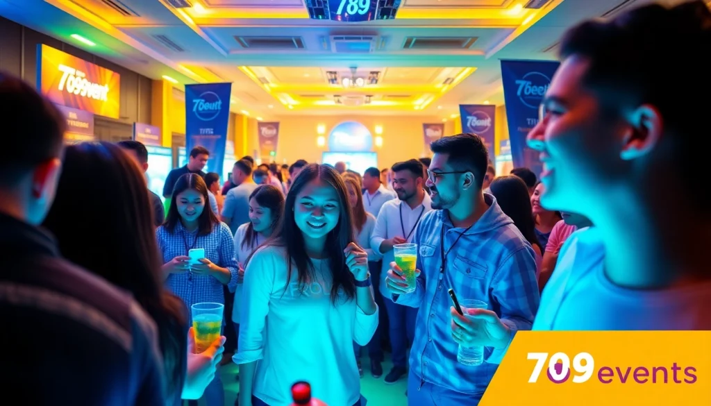 Dynamic event scene showcasing 789betevents with diverse participants engaged in gaming and networking activities.