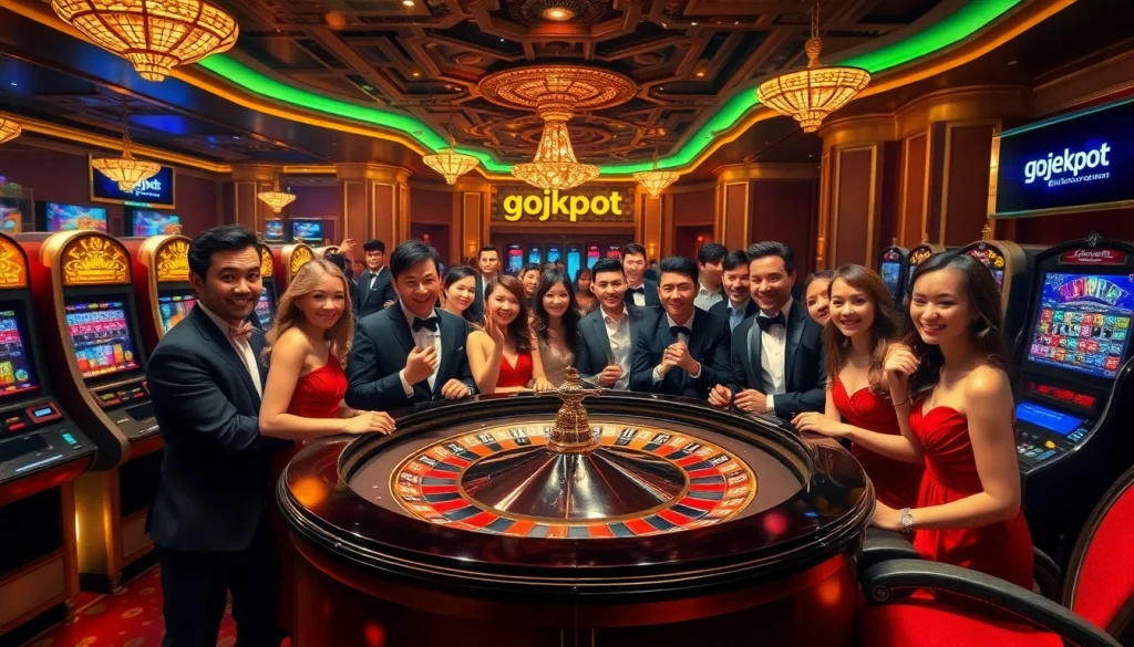 Players enjoying the excitement of gojekpot at a roulette table in a luxurious casino.