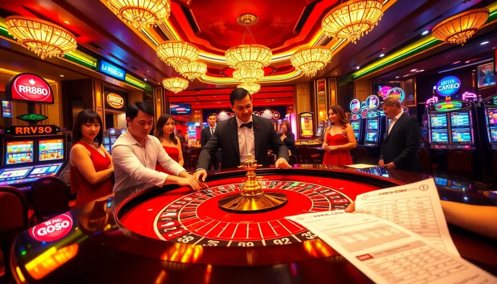 Players enjoying an exciting game at RR88 COM's casino, featuring luxury tables and vibrant slot machines.