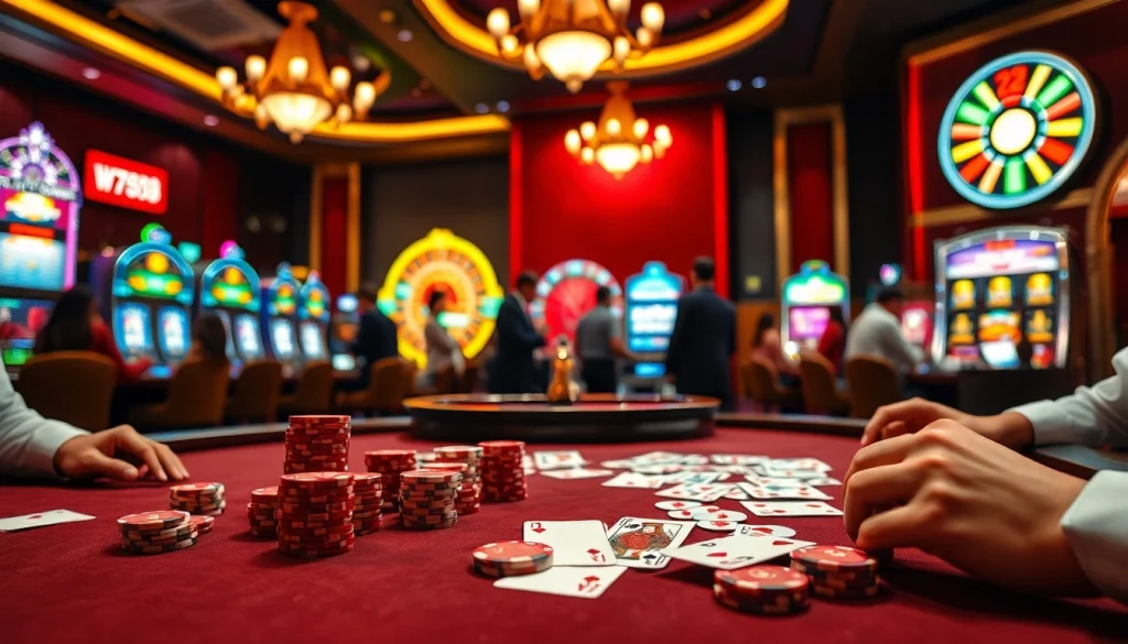 Engaged players enjoy a thrilling poker game at a casino table, showcasing WN678 chips in an exciting atmosphere.
