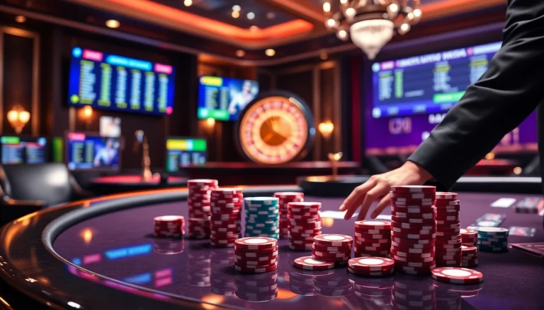 Experience thrilling gambling action at https://mk8th.net/ with vibrant poker tables and an illuminated roulette wheel.