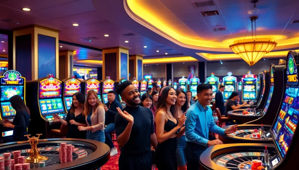 Experience the excitement of PGSLOT gaming on a vibrant casino floor filled with modern slot machines and happy players.