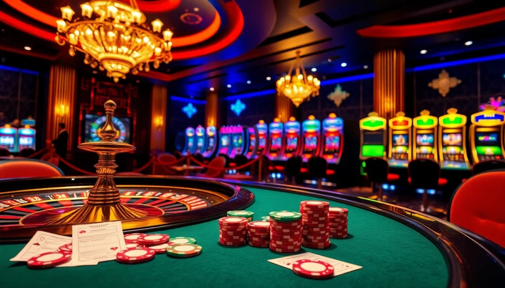 A thrilling gambling scene at a luxurious casino featuring poker chips and a roulette wheel inspired by https://nohu900.dev/.