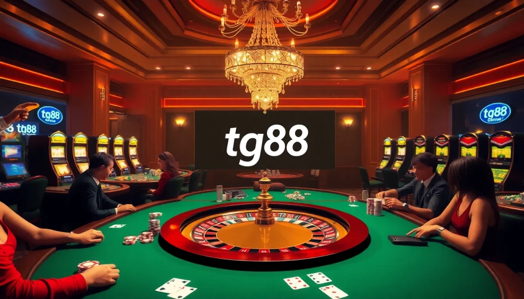 Players enjoying the thrill of casino games at tg88, surrounded by vibrant slot machines and elegant roulette wheels.