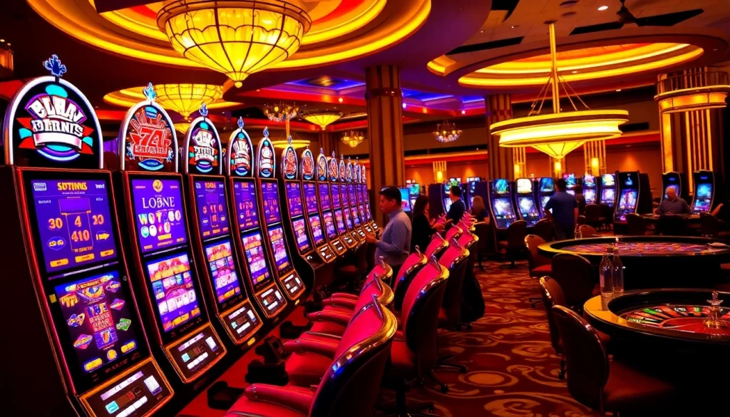 Thrilling slot machines in a vibrant casino filled with excitement and anticipation.