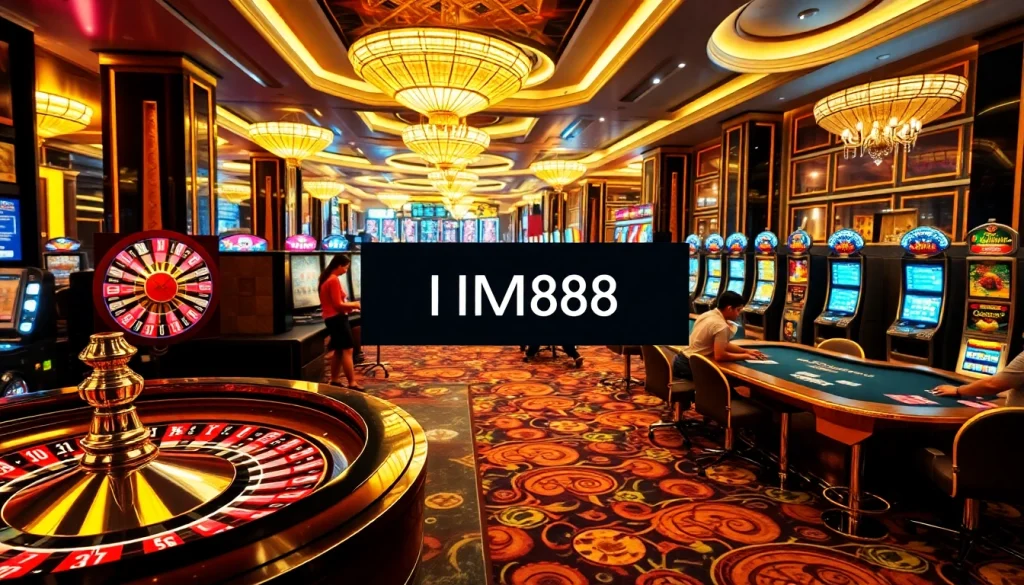 Exciting scene featuring MM88 link with players engaged at casino tables and vibrant slot machines.
