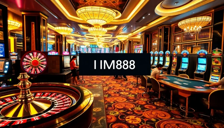 Exciting scene featuring MM88 link with players engaged at casino tables and vibrant slot machines.