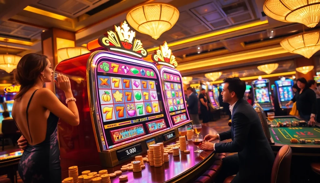 Excited players spinning a slot machine in a vibrant casino setting filled with colorful lights and decorations.