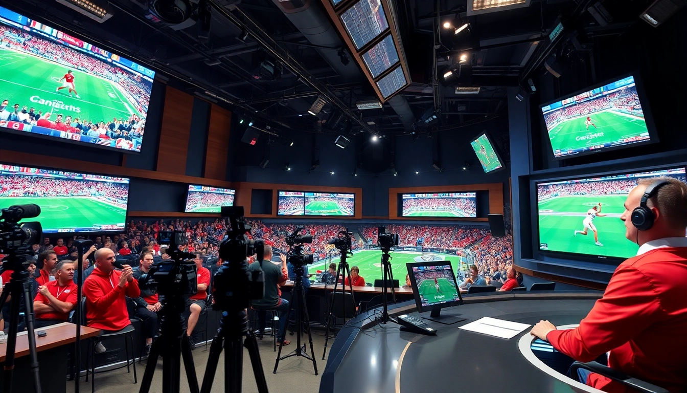 Engaging sports broadcasting scene shows announcer with high-tech equipment, capturing live events.