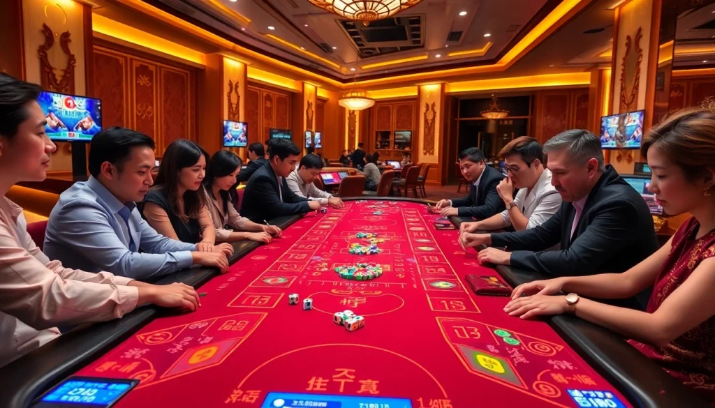 Tài xỉu game table with players engaged, showcasing dice and vibrant casino atmosphere.