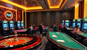 FLY88 players enjoying a luxury casino experience with roulette and slot machines.