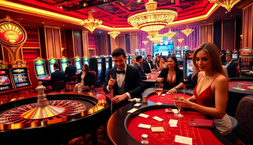 Experience the excitement of NOHULIVE in a vibrant casino scene with playful gamblers at roulette and poker tables.