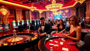 Experience the excitement of NOHULIVE in a vibrant casino scene with playful gamblers at roulette and poker tables.