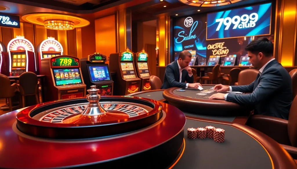 Exciting gambling action at 789club casino with vibrant slot machines and stylish poker setup.