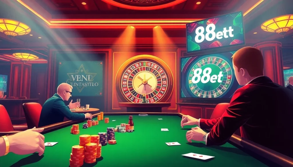 Players enjoying a thrilling poker game at a luxurious casino while focusing on 88i bet strategies.