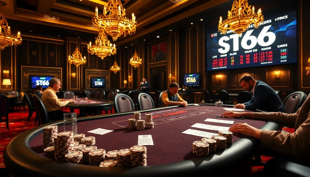Engaged players at ST66 poker table with vibrant chips and competitive atmosphere.